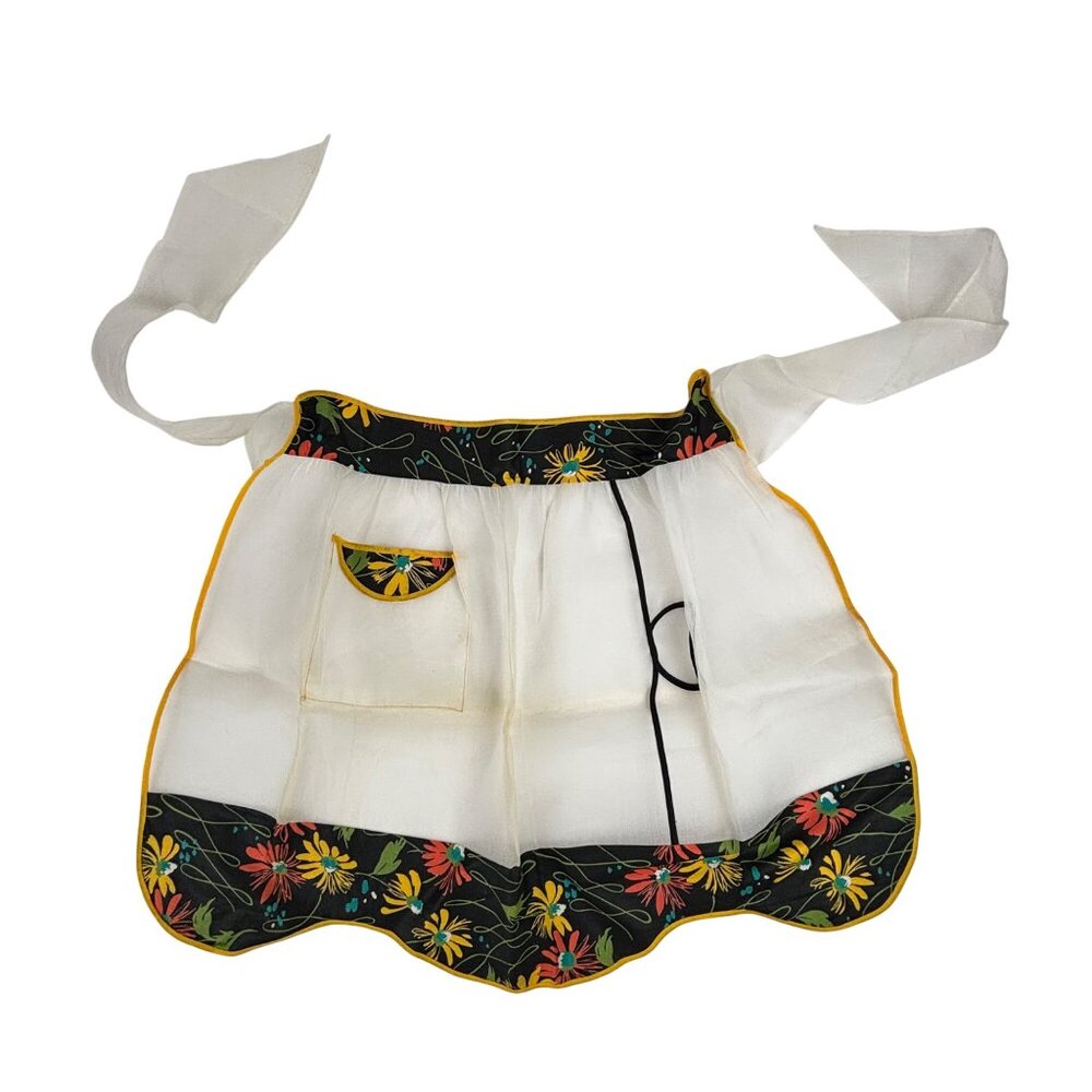 Vintage 50s Sheer Half Apron Floral Print Curved Hem In Original Abraham & Strau - Picture 2 of 11